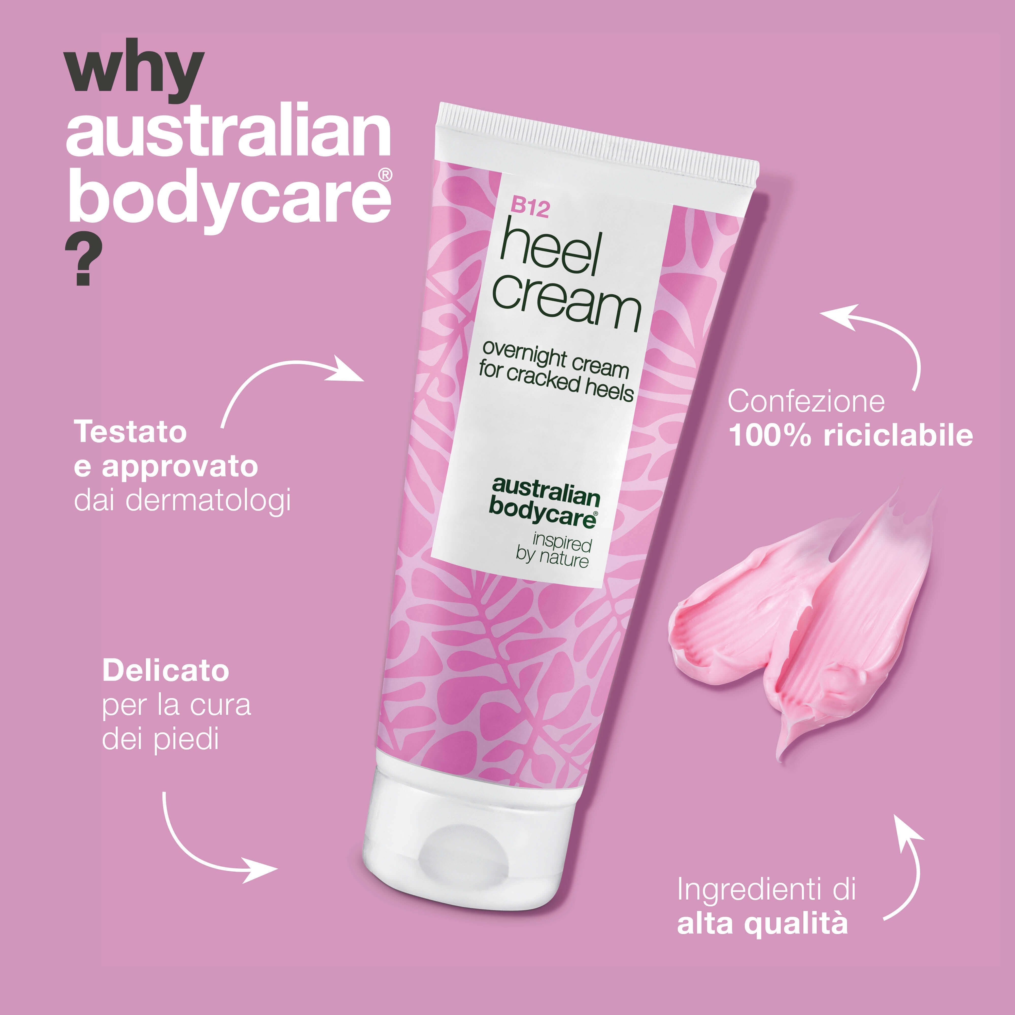 Tubo B12 Heel Cream. Macchie di crema rosa. Testo: overnight cream for cracked heels. Testo: Australian Bodycare. Testo.