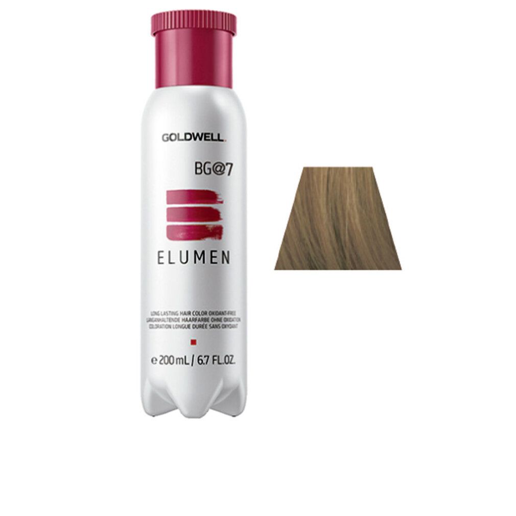 Flacone Goldwell Elumen Care, BG@7, con campione colore. Flacone bianco, tappo rosso, scritta. Campione rettangolare, marrone chiaro.