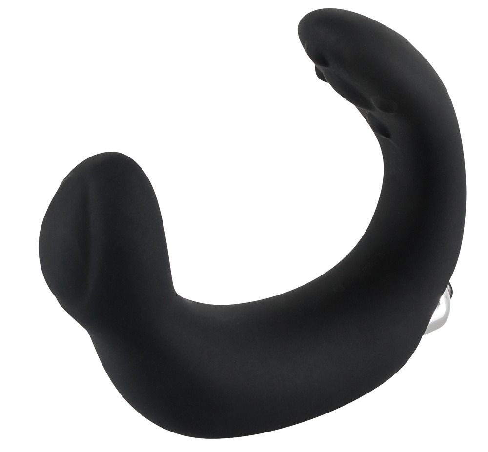 Stimolatore prostatico nero. Forma a U, estremità arrotondate, parte metallica.