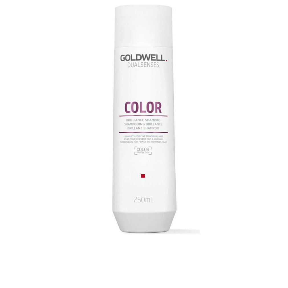 Shampoo Goldwell Dualsenses Color Brilliance. Flacone bianco, testo rosso e viola. Volume 250ml. Prodotto in posizione verticale.