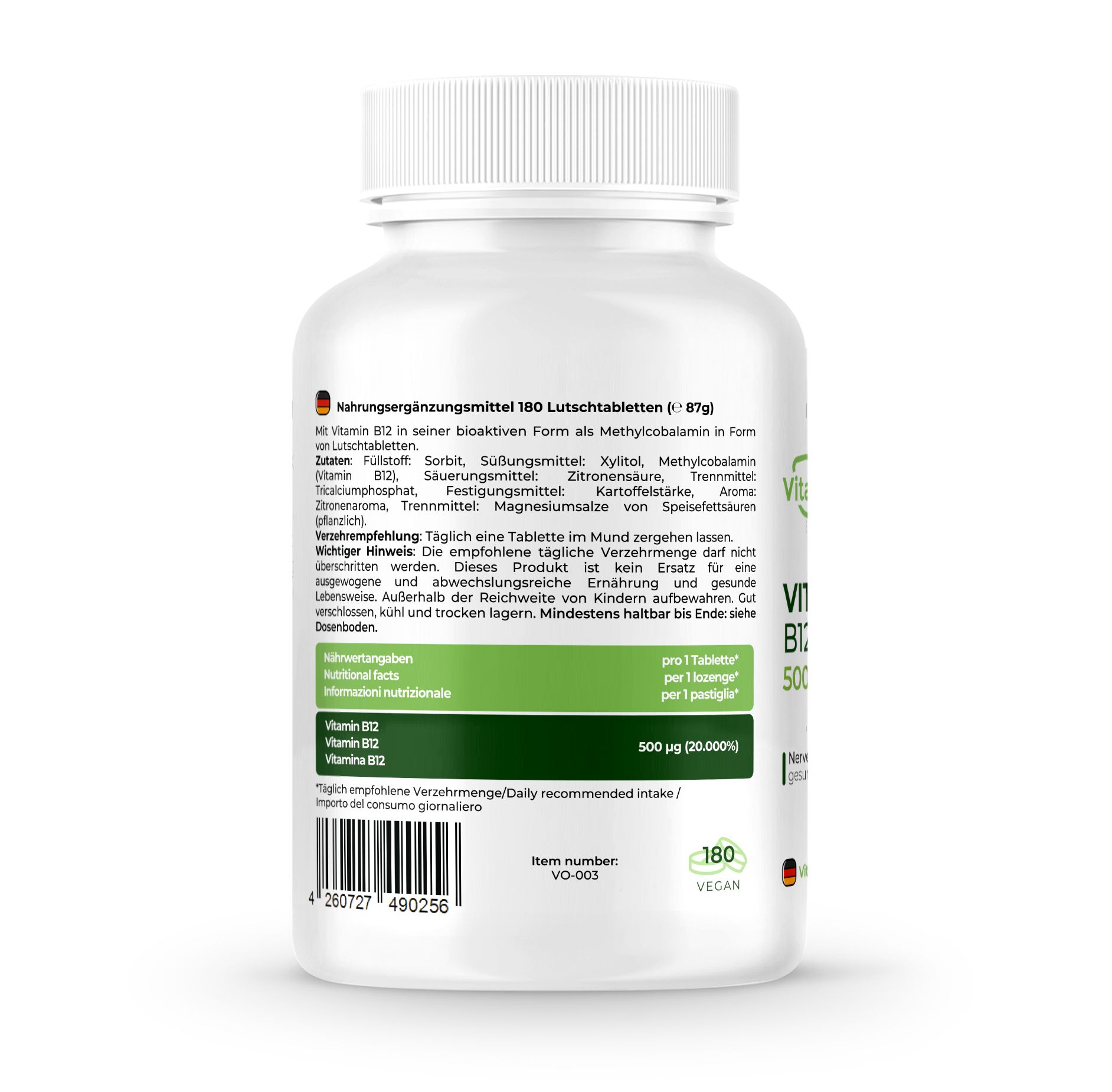 Retro di un flacone bianco. Contiene vitamina B12. Testo in tedesco, inglese e italiano. 180 pastiglie.
