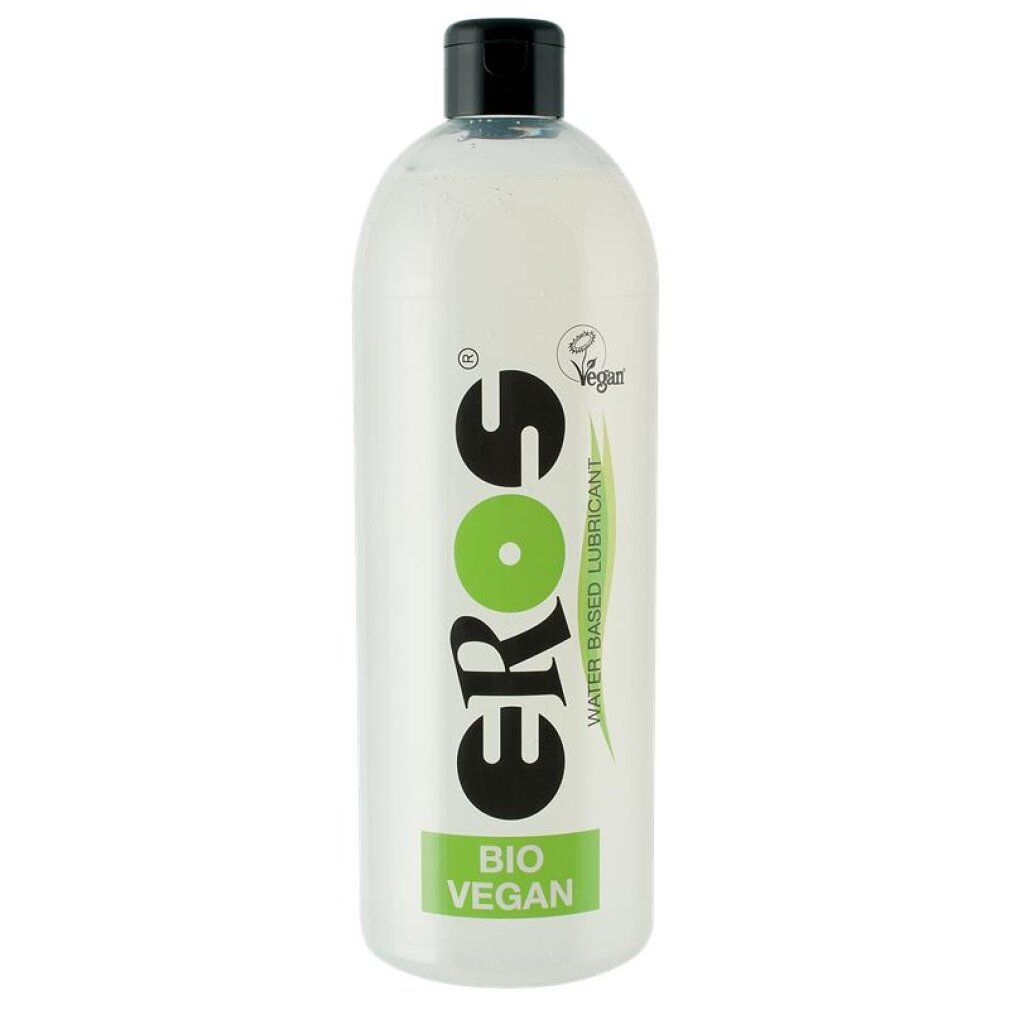 Lubrificante Eros: formula a base d'acqua, certificato Bio & Vegan. Flacone trasparente con tappo nero.