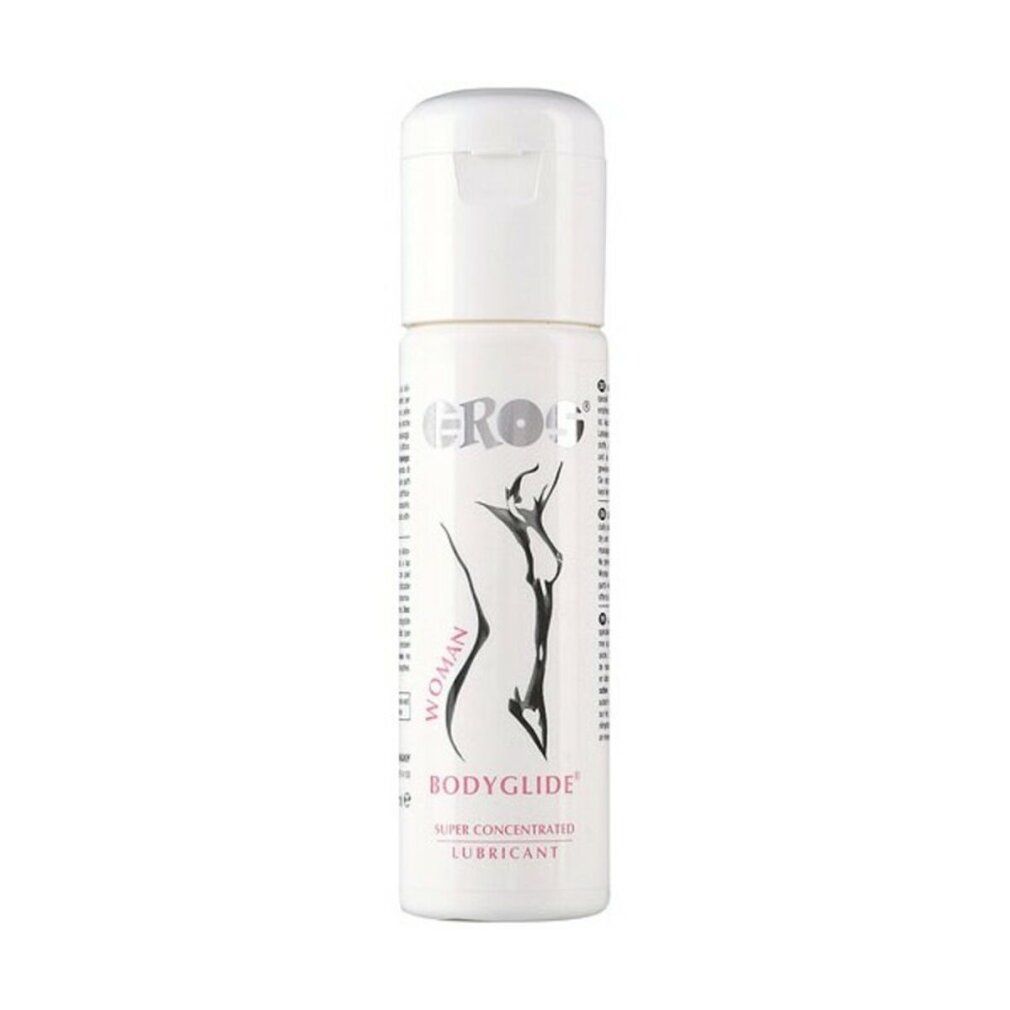 Flacone bianco con tappo a ribalta. Scritta EROS, BODYGLIDE Woman, illustrazione di una donna. Super Concentrated Lubricant.
