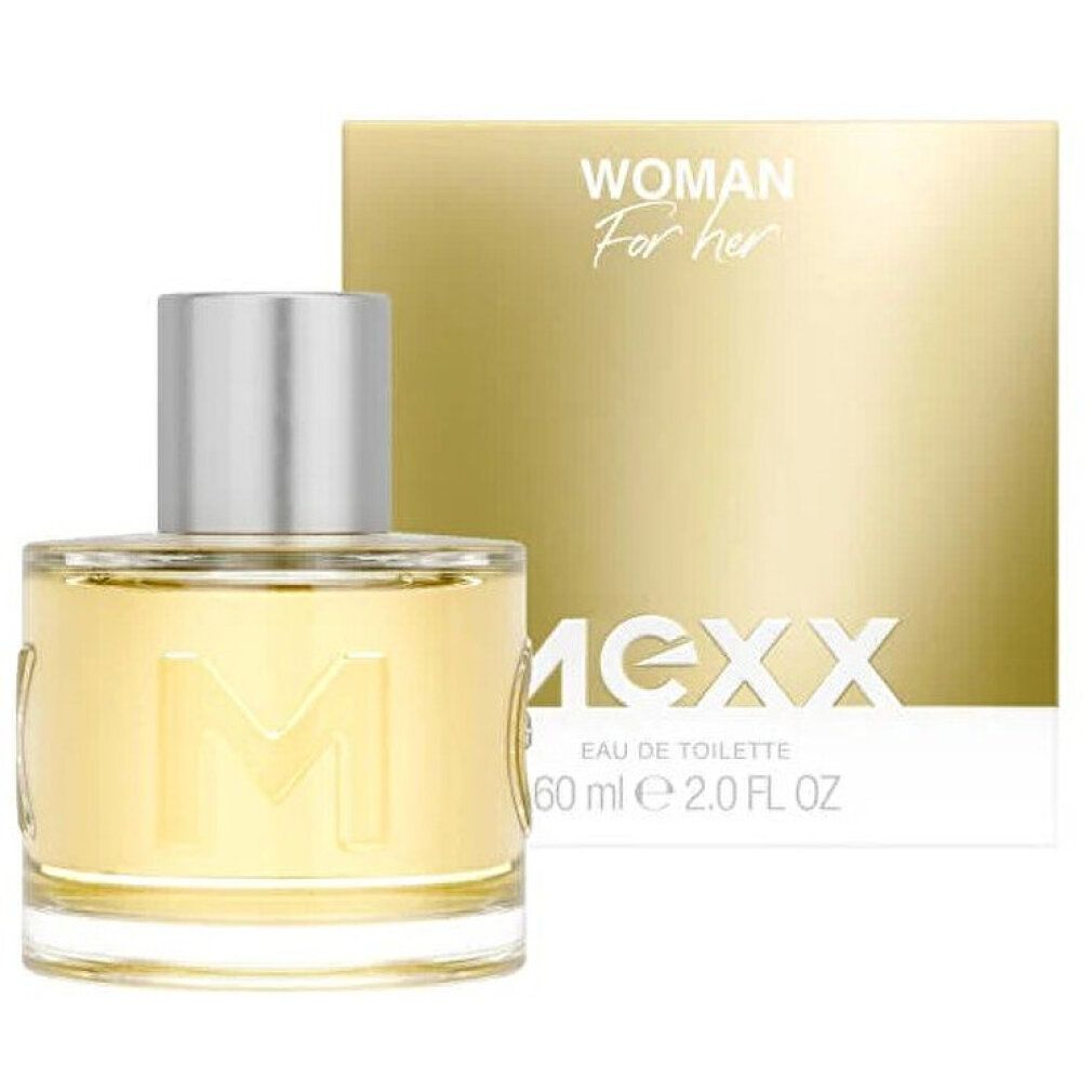 Flacone e confezione MEXX Woman Eau de Toilette. Flacone con tappo argentato. Scritte: MEXX, 60 ml.