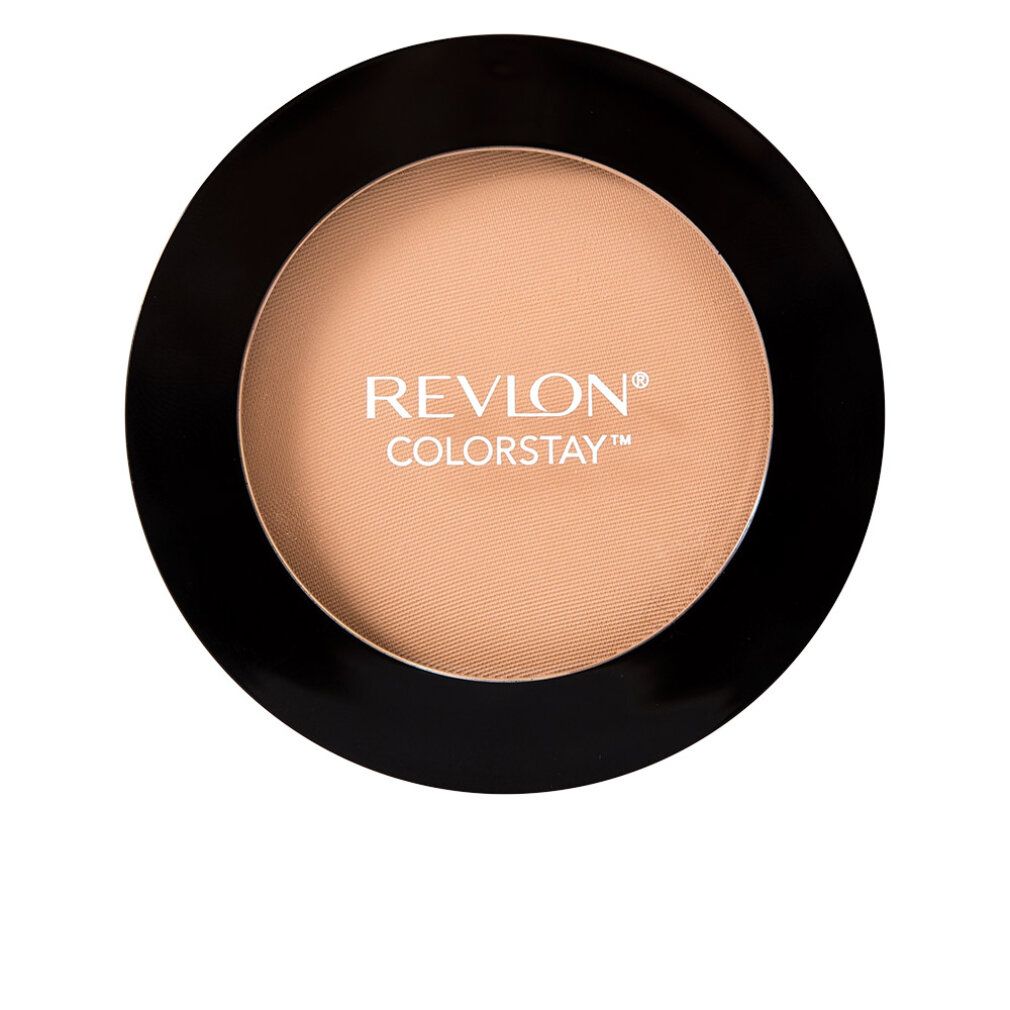 Cipria compatta Revlon Colorstay rotonda. Contenitore nero con cipria beige. Nome del prodotto e marchio visibili.