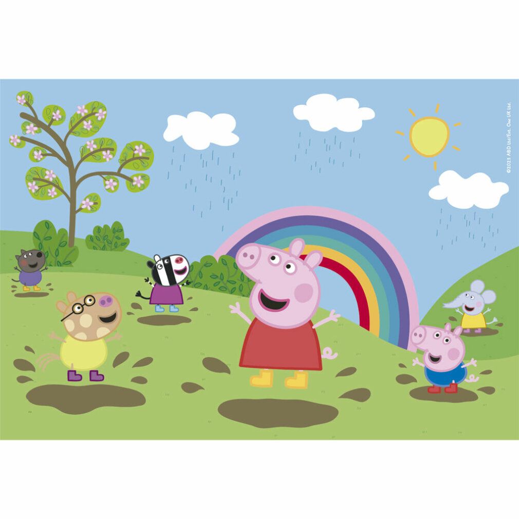 Motivo puzzle con Peppa Pig e amici. Scena con arcobaleno, sole, albero e pozzanghere. Personaggi: Peppa, zebra, topo, cane e maiale.
