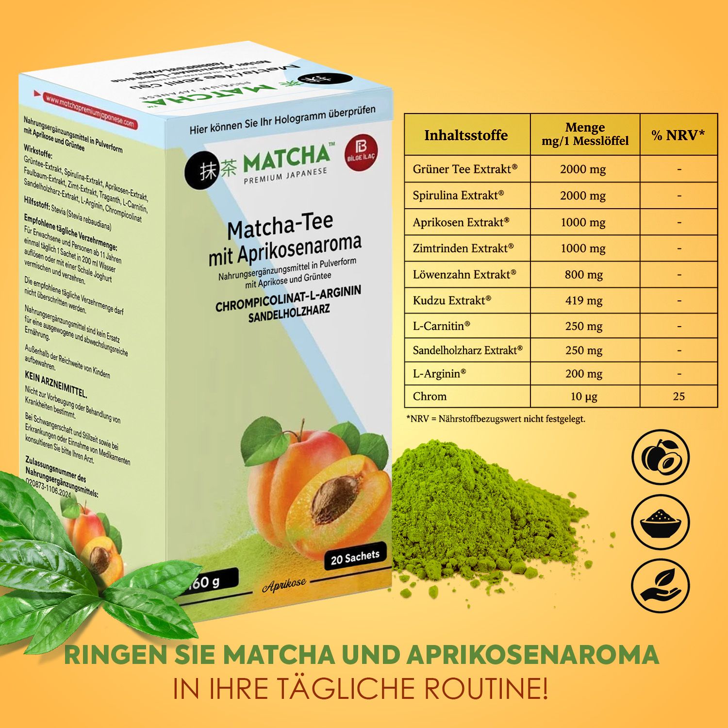 Bilge İlaç Tè Matcha con aroma di albicocca