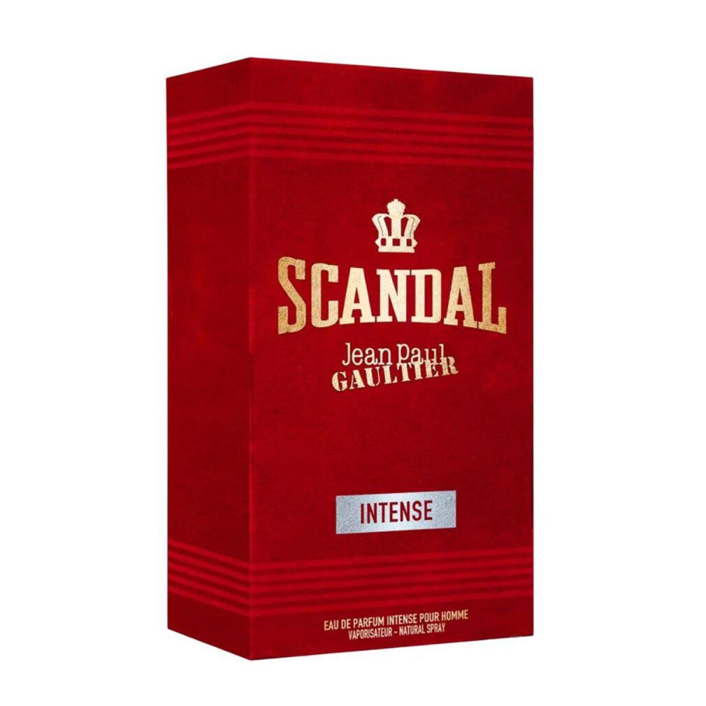 Confezione rettangolare rossa con scritta dorata "SCANDAL" e "Jean Paul Gaultier".