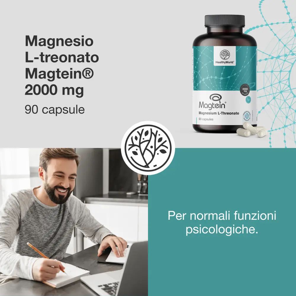 Immagine del prodotto: flacone di capsule. Testo: Magnesium L-treonato Magtein® 2000 mg, 90 capsule. Uomo con laptop. Testo: Per normali funzioni psicologiche.