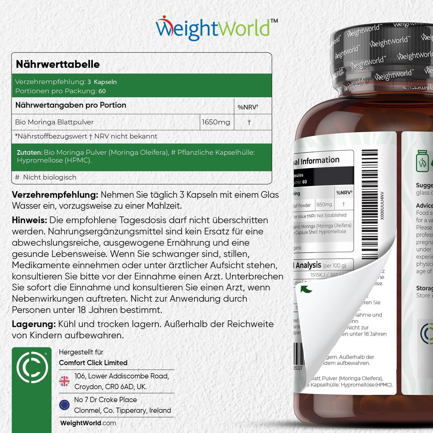 Primo piano della tabella nutrizionale e degli ingredienti di una bottiglia di capsule di moringa bio. Testo: WeightWorld, raccomandazione di consumo, ingredienti.