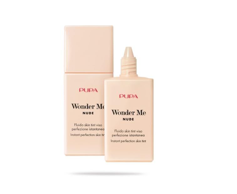 Flacone e tappo beige. Scritta: Pupa, Wonder Me Nude, Fludio skin tint viso, Instant perfection skin tint.
