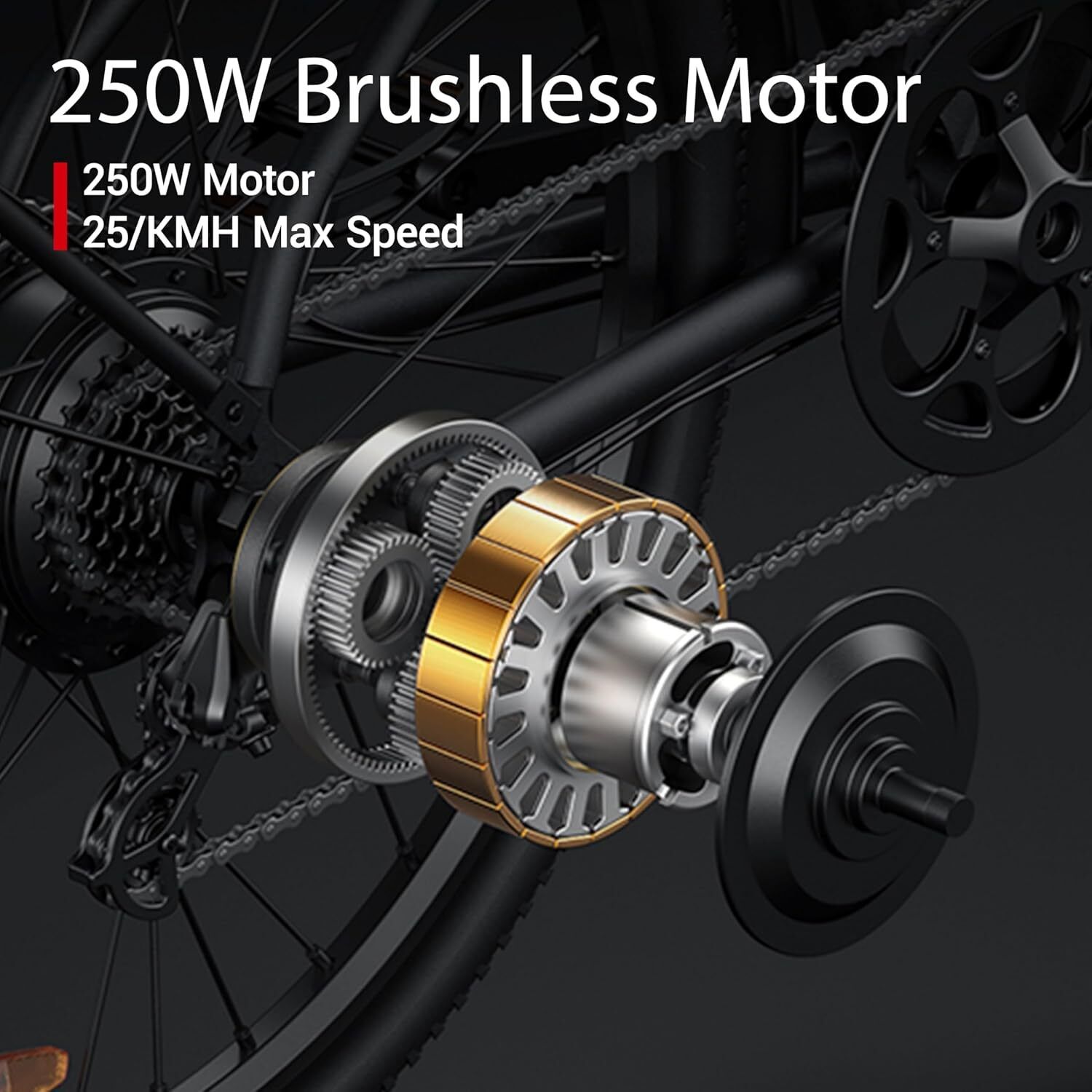 Motore e-bike, 250W brushless, velocità max 25 km/h. Ingranaggi e catena visibili. Motore dorato.