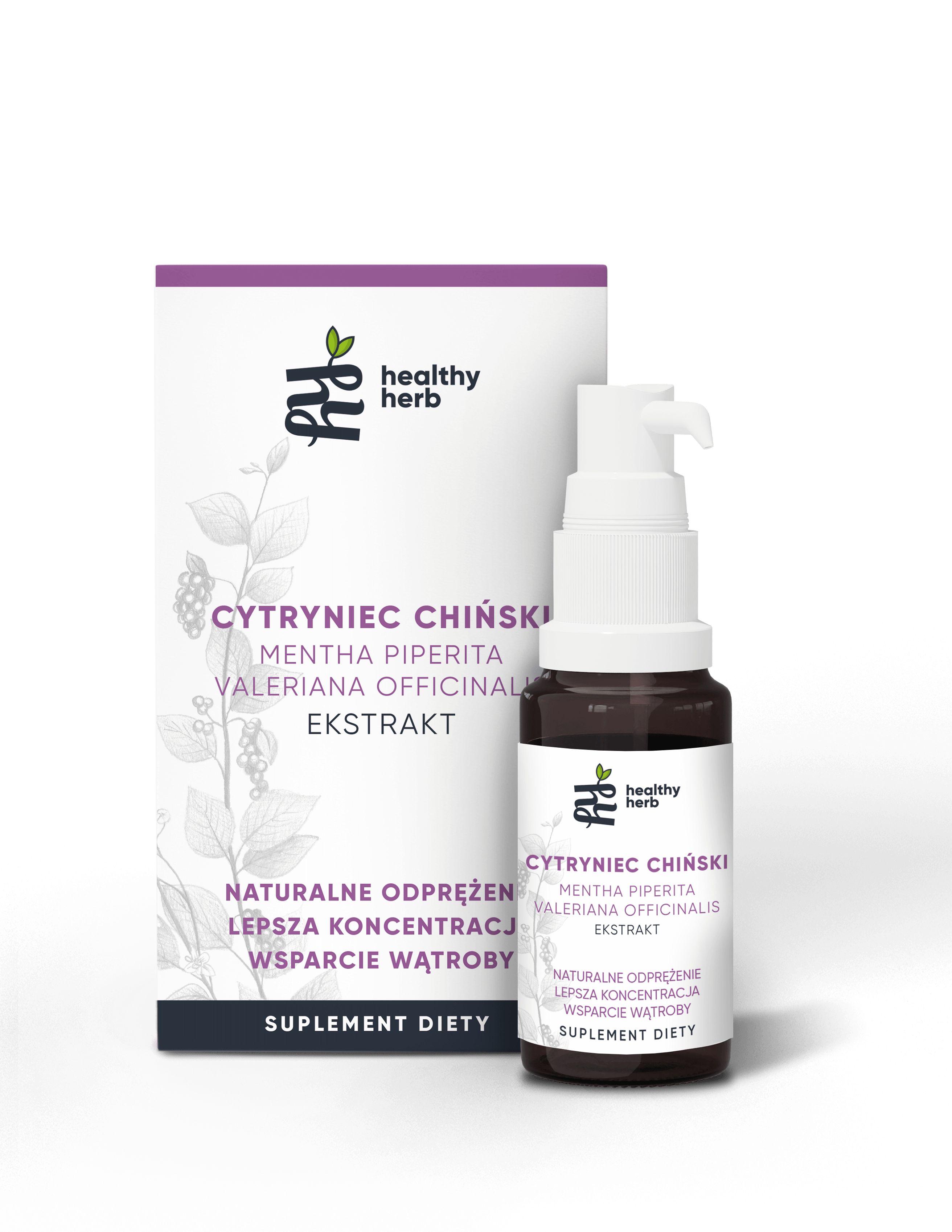 Flacone di vetro marrone con dispenser bianco e scatola. Scritta: Estratto di citronella cinese, Healthy Herb.