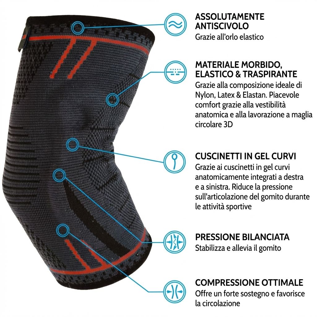 Tutore per gomito nero con dettagli rossi. Forma anatomica. Materiale traspirante. Con cuscinetti in gel.