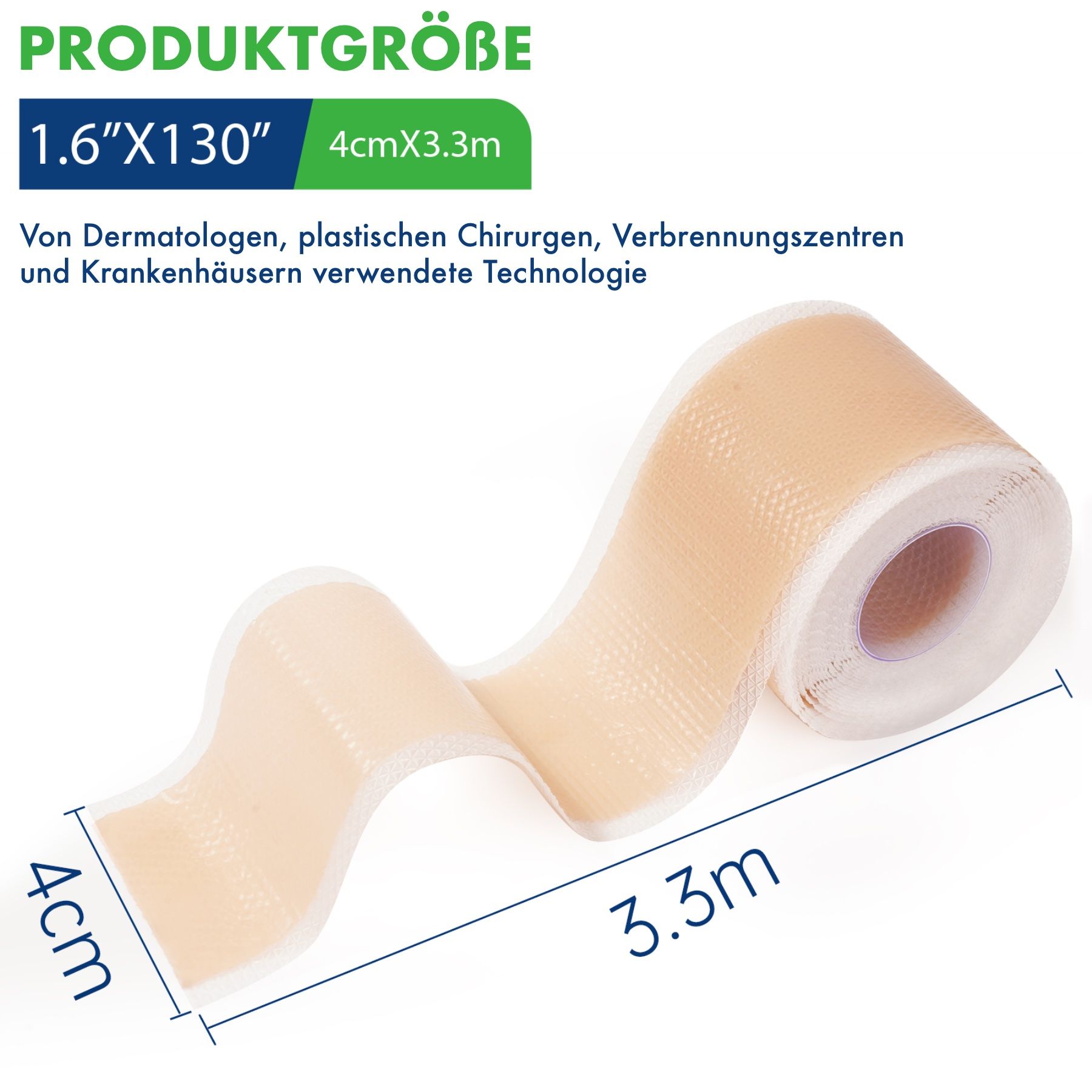 Rotolo di cerotti in silicone. Dimensioni: 1,6"x130" (4cm x 3,3m). Utilizzato da dermatologi, chirurghi e ospedali.