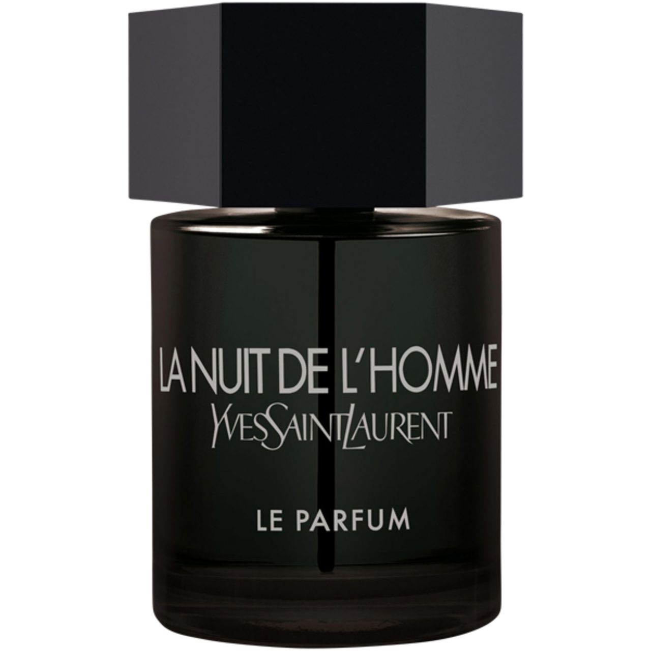 Flacone nero con tappo esagonale. Scritta: La Nuit de L'Homme, Yves Saint Laurent, Le Parfum.