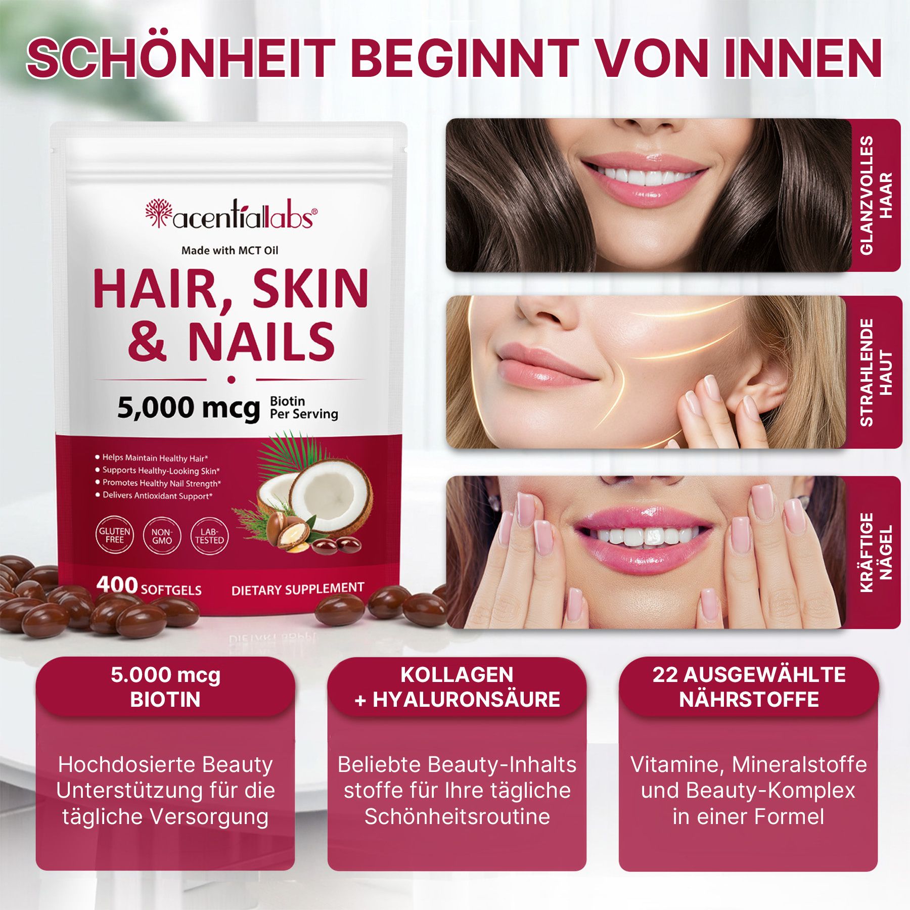 Confezione da 400 softgel per capelli, pelle e unghie, 5.000 mcg di biotina per porzione.