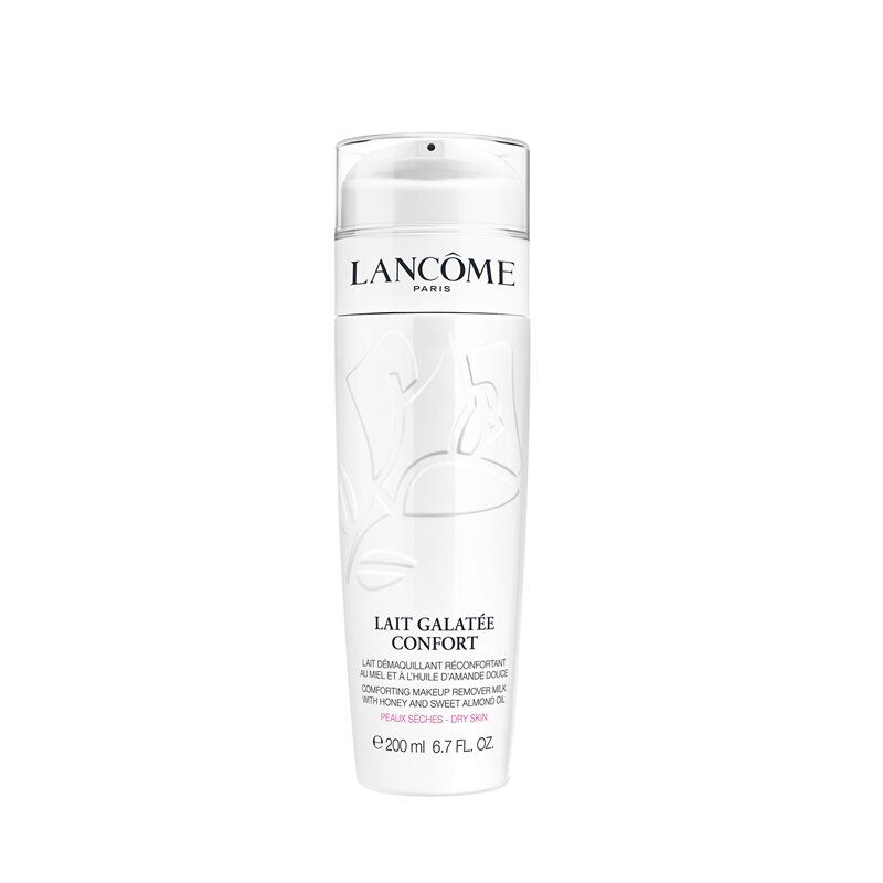Flacone bianco con tappo trasparente. Testo: "LANCÔME PARIS", "LAIT GALATÉE CONFORT", "200 ml 6.7 fl. oz".