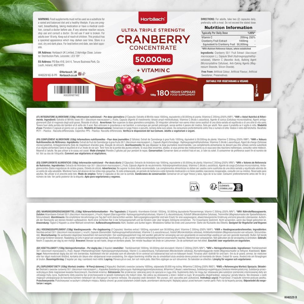 Informazioni sul prodotto. Cranberry Concentrate 50.000mg + Vitamina C. 180 capsule. Vegan. Ingredienti.