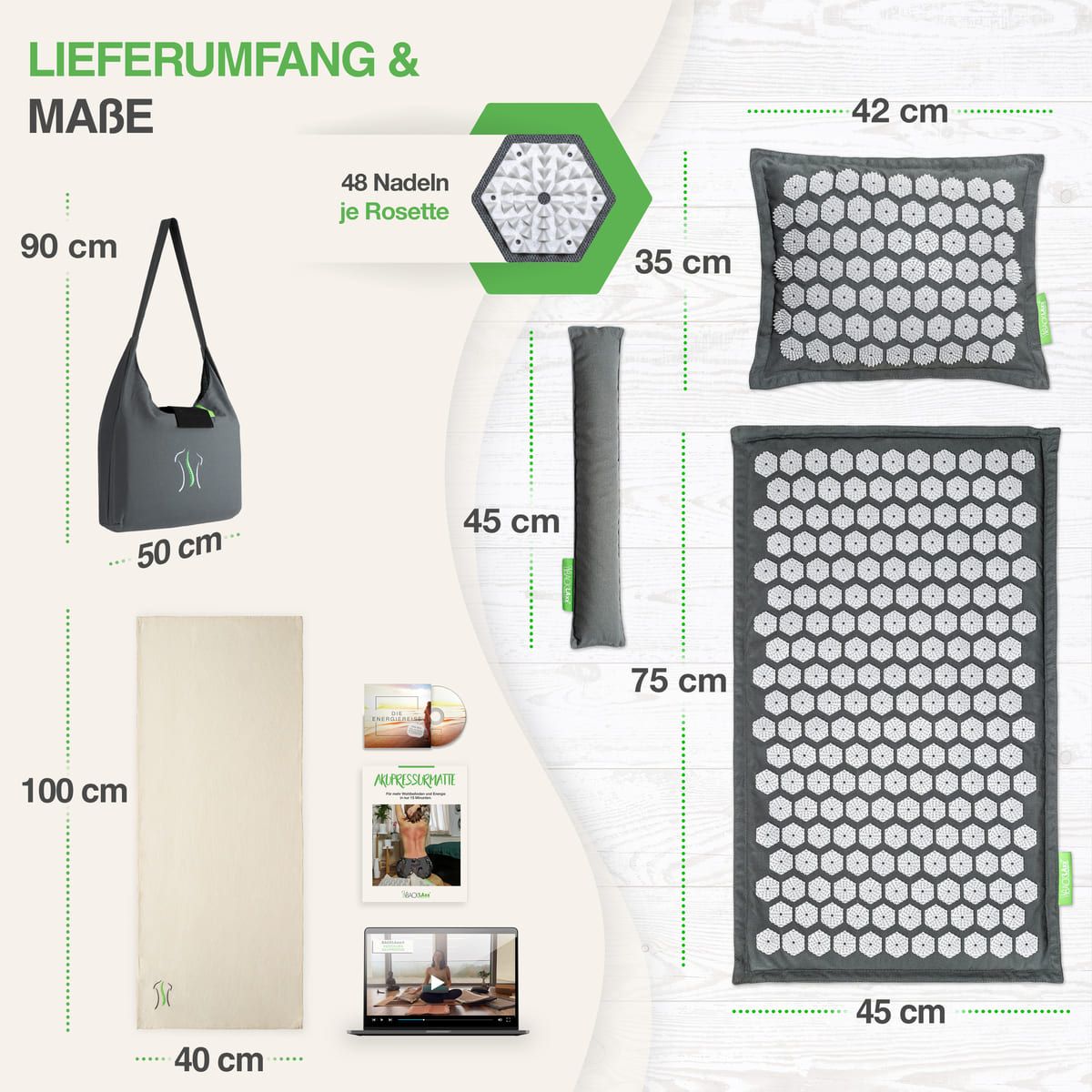 Set con tappetino per digitopressione, cuscino, borsa, asciugamano e accessori. Dimensioni: tappetino 100x45cm, cuscino 35x42cm, borsa 90x50cm. 48 aghi per rosetta.