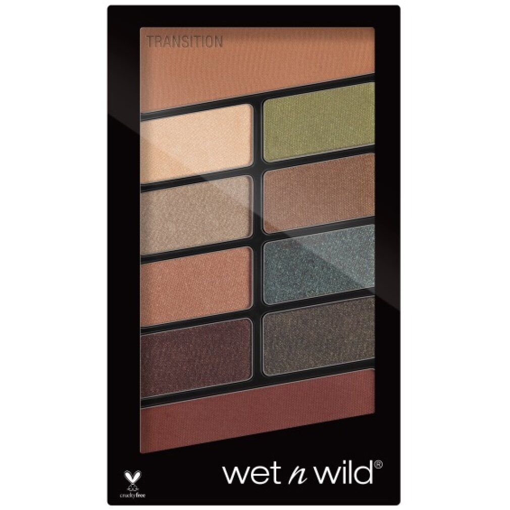 Palette ombretti nera con 10 colori. Contiene tonalità dal beige al marrone e verde. Marchio: wet n wild. Con logo Cruelty-Free.