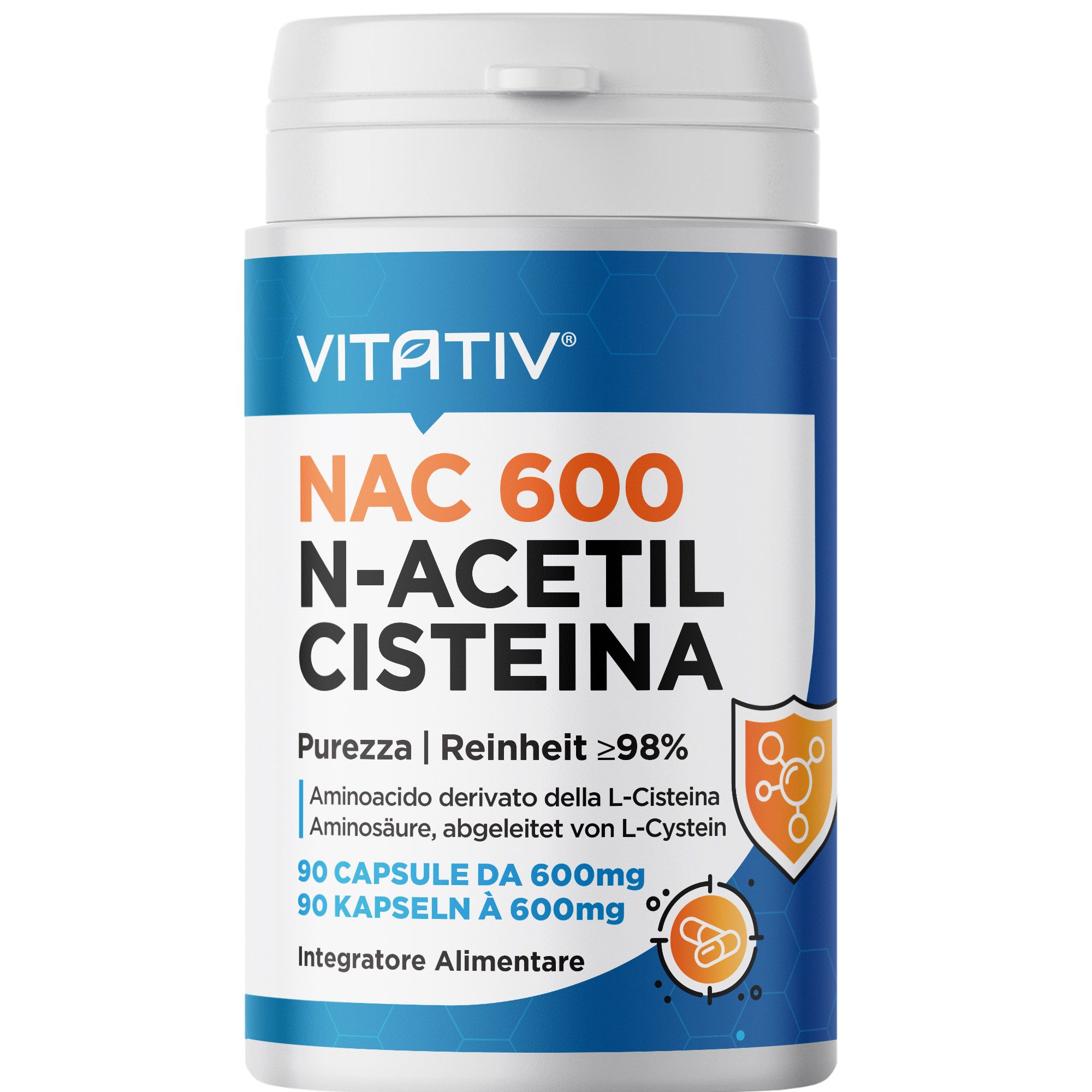 VITATIV® NAC 600 N-Acetil-L-Cisteina | 90 Capsule Vegetali | Nac Elevata Purezza