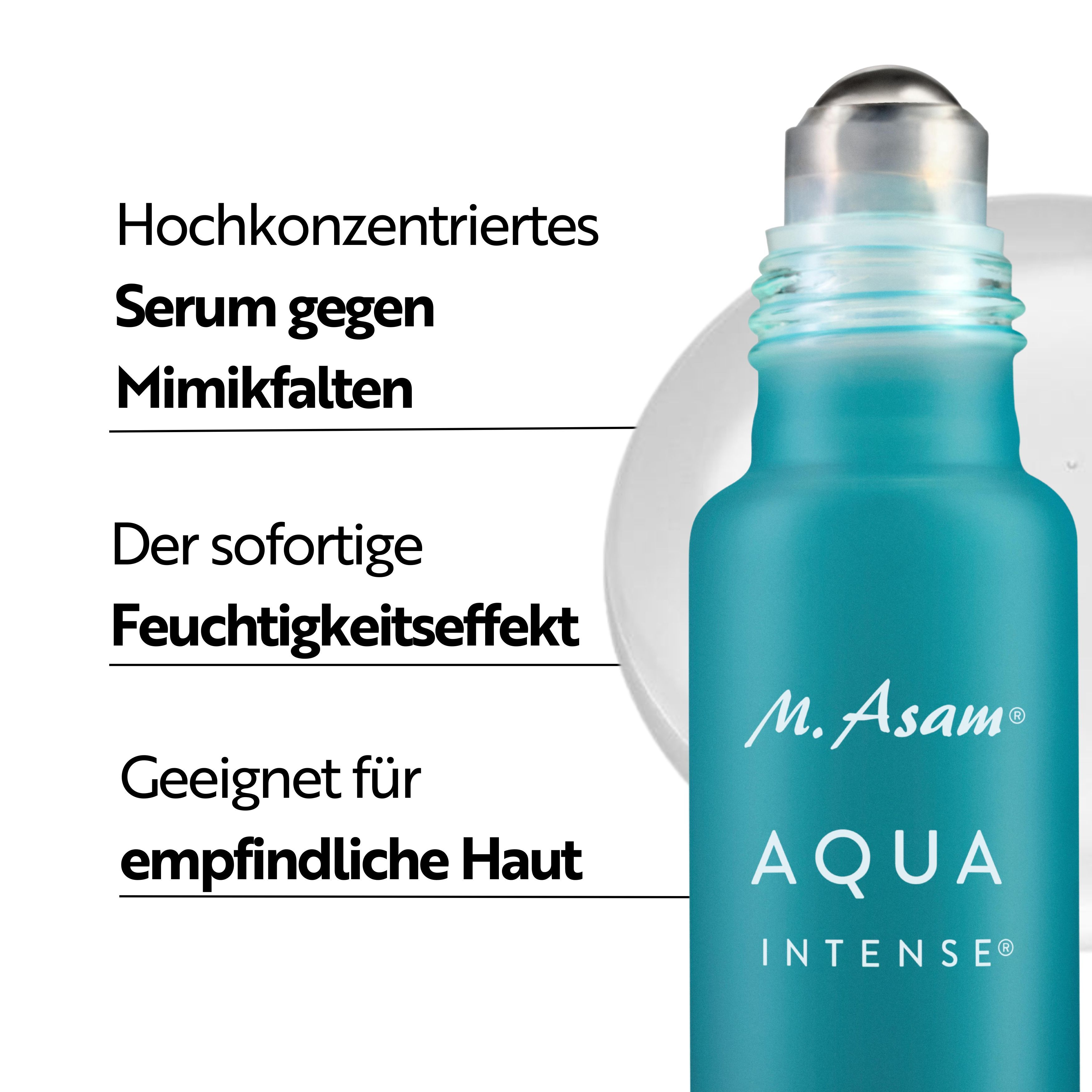 Primo piano del prodotto con testo: Siero contro le rughe d'espressione, effetto idratante, adatto alle pelli sensibili. M. Asam AQUA INTENSE.