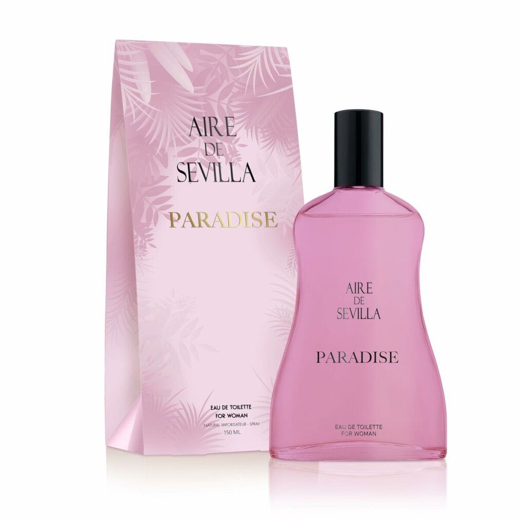 Flacone e confezione rosa. Flacone con tappo nero. Scritta: Aire de Sevilla Paradise. Eau de Toilette.