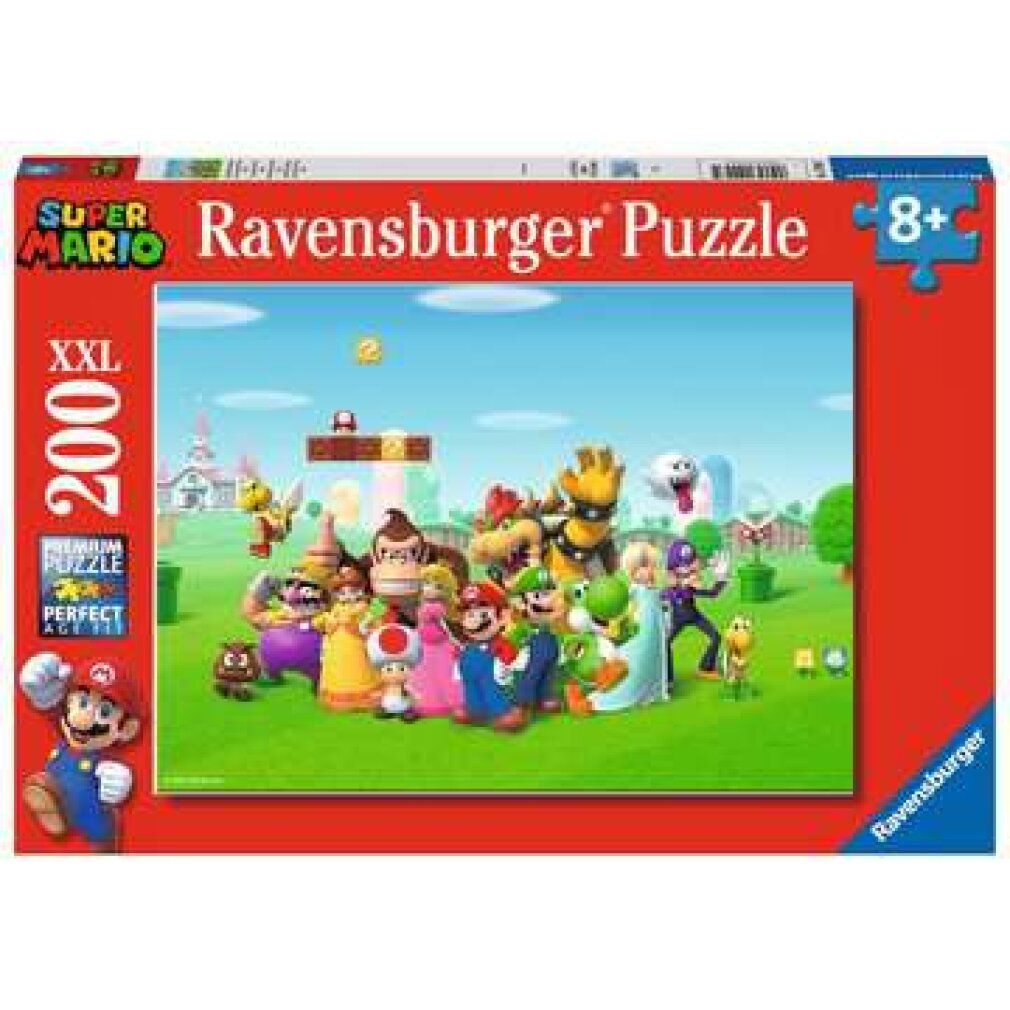 Scatola puzzle Super Mario. Scritta: Super Mario, Ravensburger Puzzle, 200 pezzi, 8+. Personaggio di Mario sulla scatola.