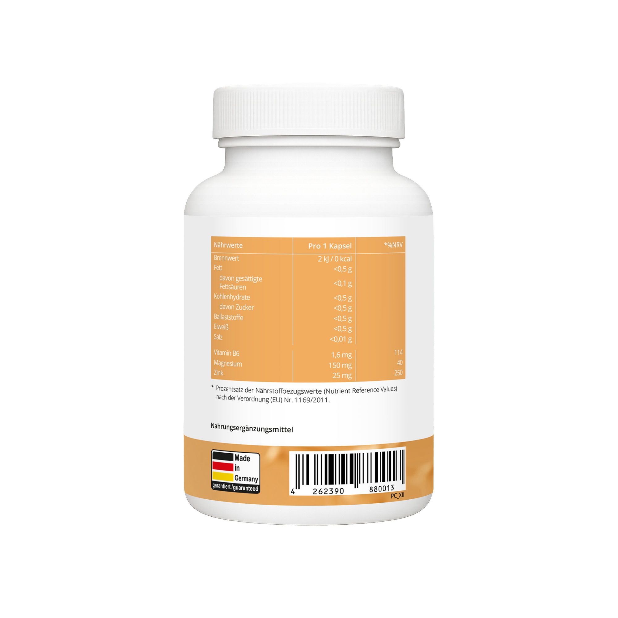 Retro di un flacone bianco di capsule. Contiene informazioni nutrizionali e codice a barre. Prodotto in Germania.