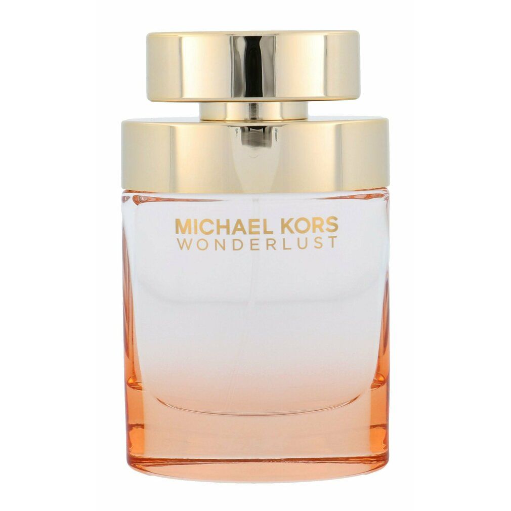 Michael Kors Wonderlust Edp Spray. Flacone con tappo dorato, sfumatura rosa. Scritta sul flacone.