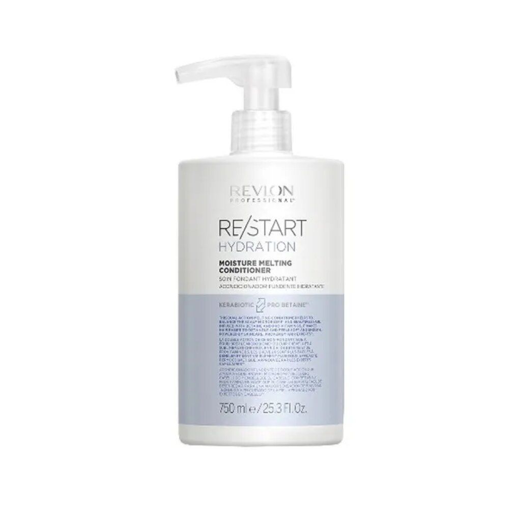 Flacone bianco di balsamo con pompa ed etichetta blu. Testo: Revlon Re-Start Hydration, Moisture Melting Conditioner. 750 ml/25.3 Fl. Oz.