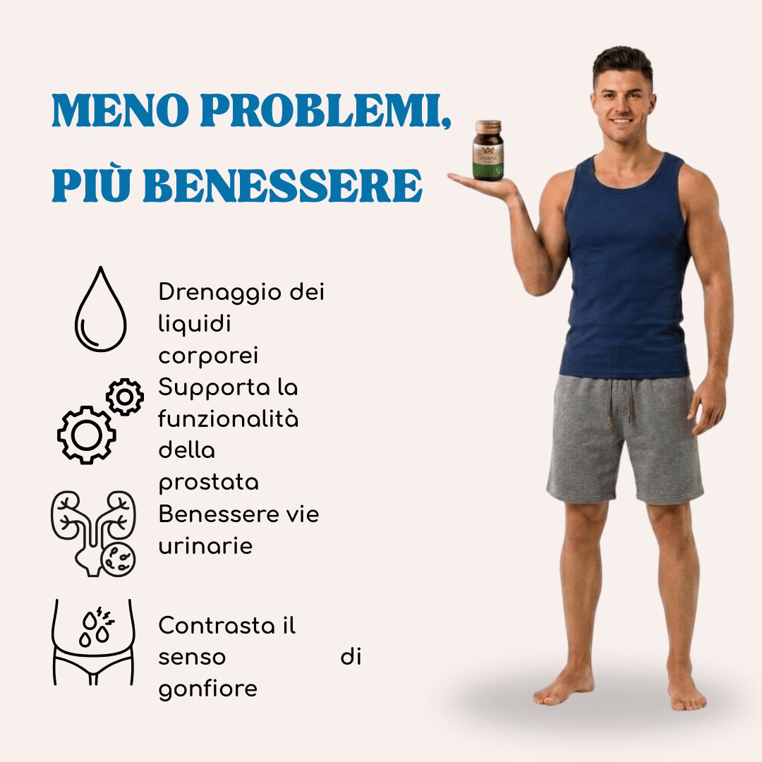 Uomo con flacone di Winter Serenoa, elenco dei benefici.
