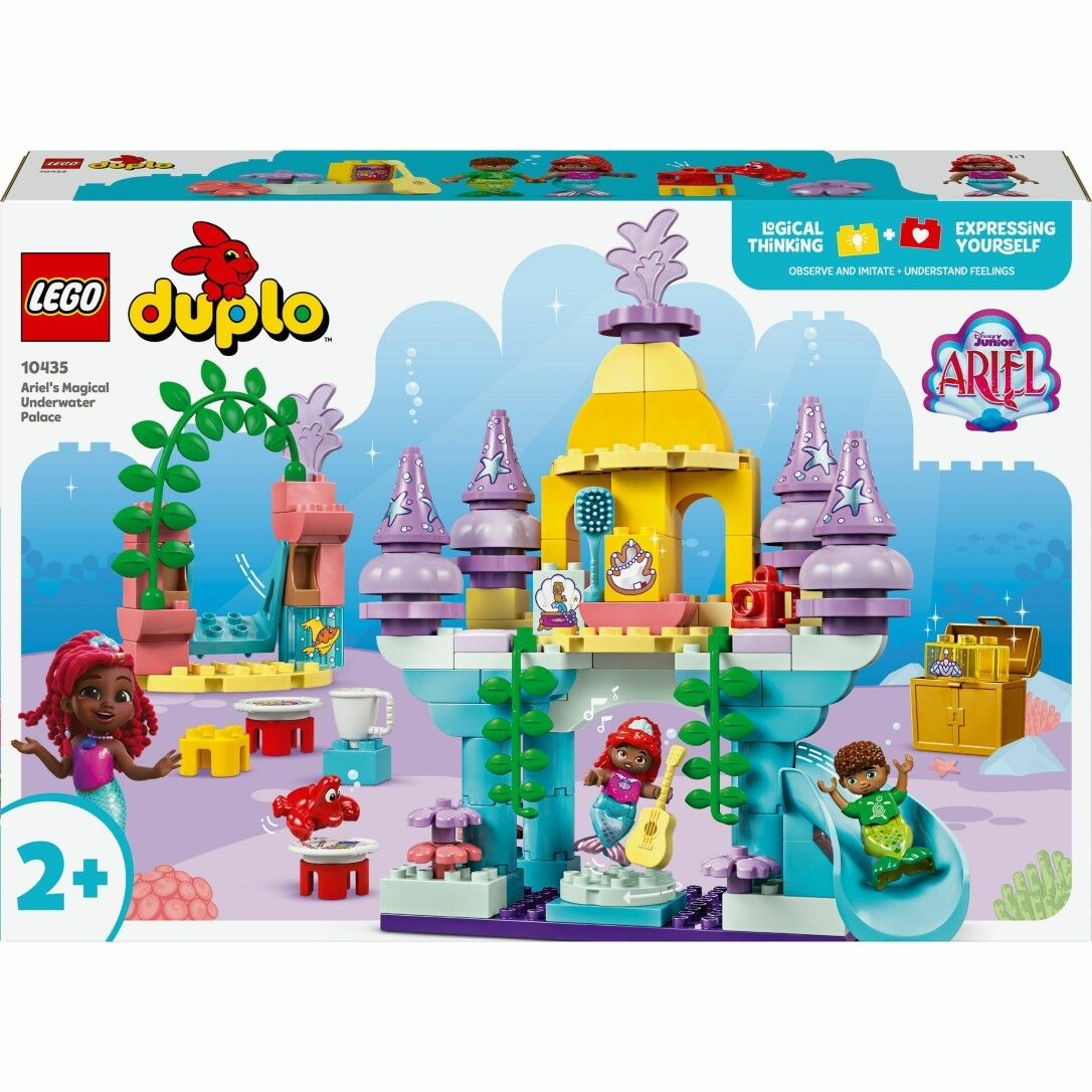 Set LEGO Duplo. Il magico palazzo sottomarino di Ariel. Include personaggi, scivolo, castello e accessori. Confezione visibile.