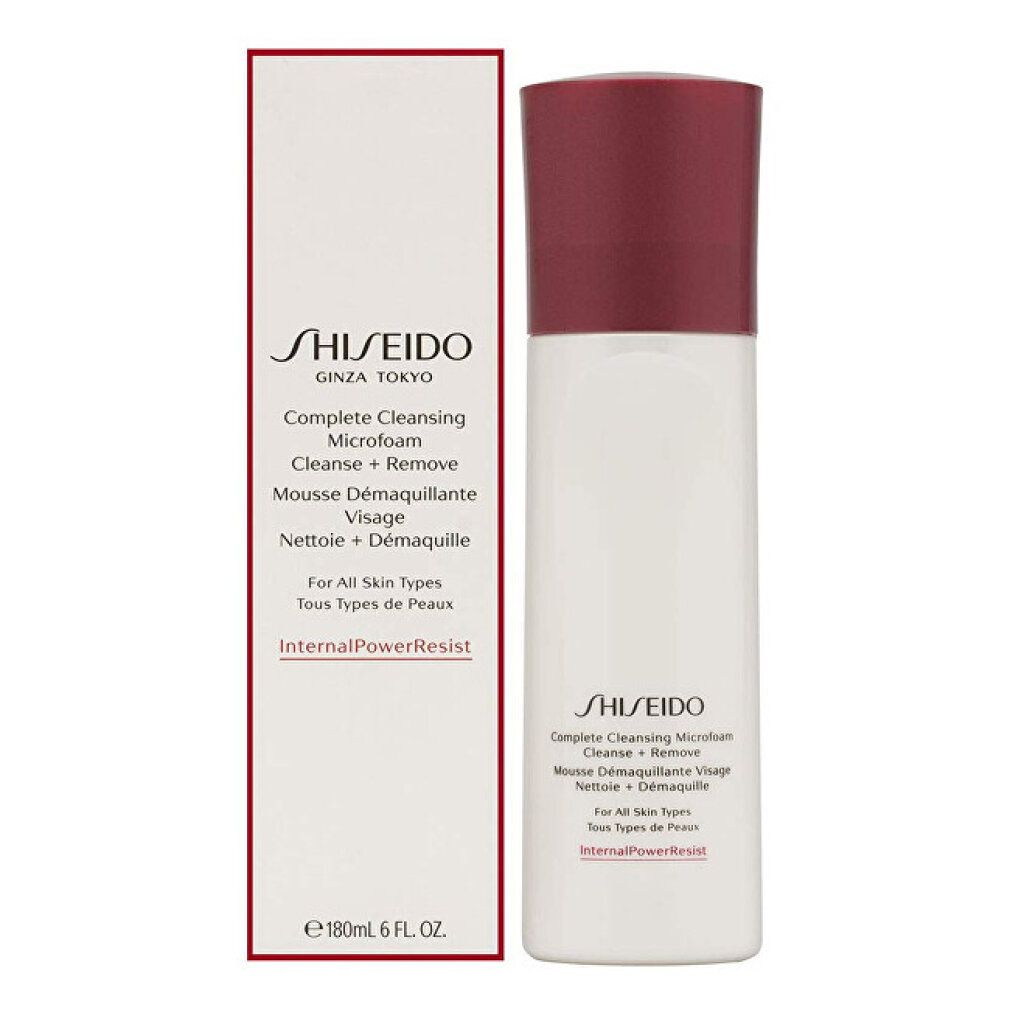 Prodotto Shiseido Microfoam detergente con confezione. Flacone e scatola. Testo: Complete Cleansing Microfoam, 180ml, 6 FL OZ.