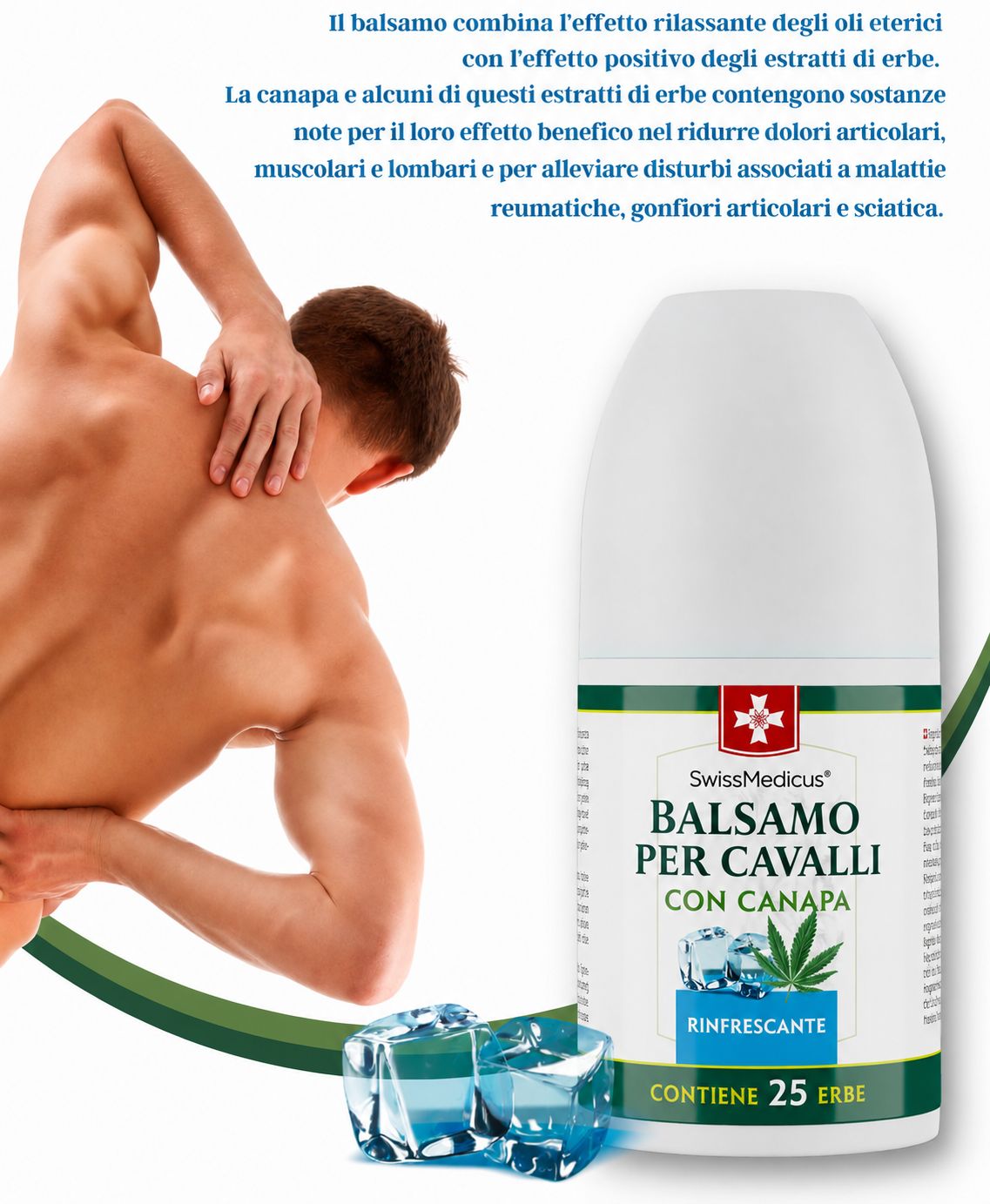 Roll-on con testo: Balsamo per Cavalli con Canapa, rinfrescante, contiene 25 erbe. Grafica cubetti di ghiaccio. Uomo con dolore.