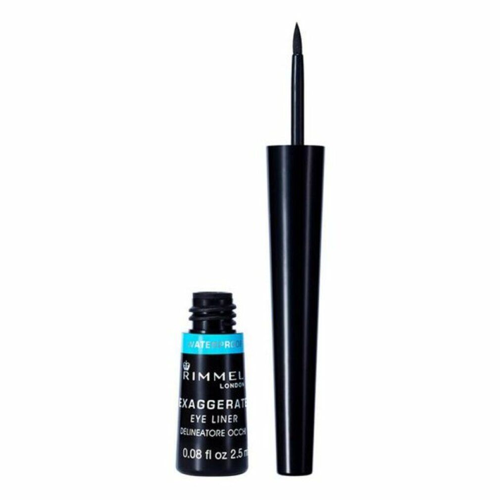 Eyeliner nero con applicatore. Flacone con fascia blu. Scritta: Rimmel London Exaggerate Eye Liner Waterproof 003.