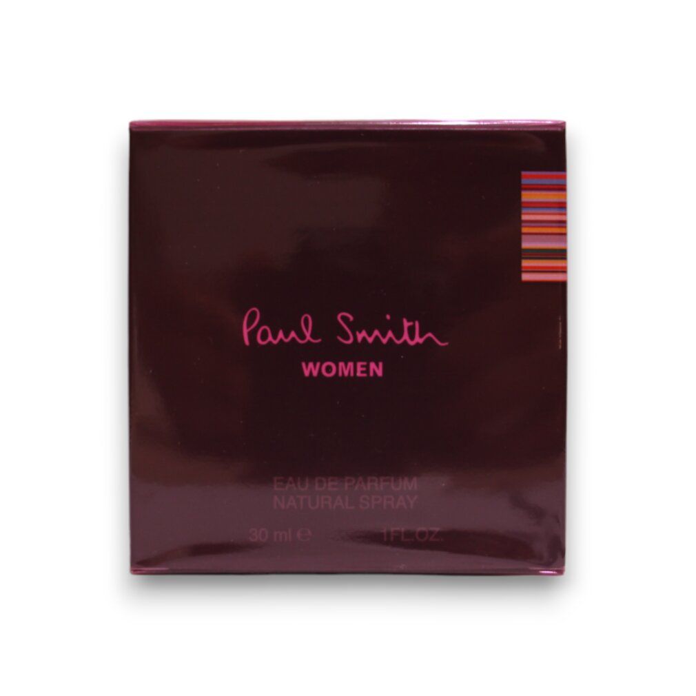 Scatola quadrata con scritta "Paul Smith WOMEN". Testo: "EAU DE PARFUM NATURAL SPRAY".
