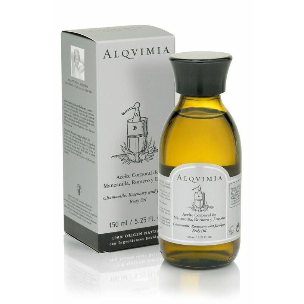 Flacone in vetro e scatola. Scritta: Alqvimia, Aceite Corporal, Manzanilla, Romero y Enebro. 150 ml / 5.25 Fl. Oz. 100% Origin Natural. Immagine del prodotto.