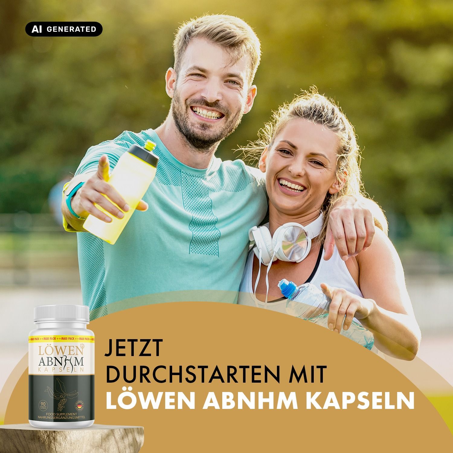 Coppia sportiva ride, tiene bottiglie d'acqua. LÖWEN Abnehmkapseln per iniziare.