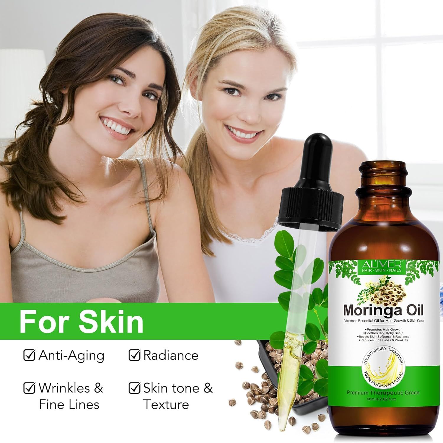 Due donne con flacone di olio di Moringa. Scritta: Moringa Oil. Anti-età, luminosità, tono della pelle, texture.