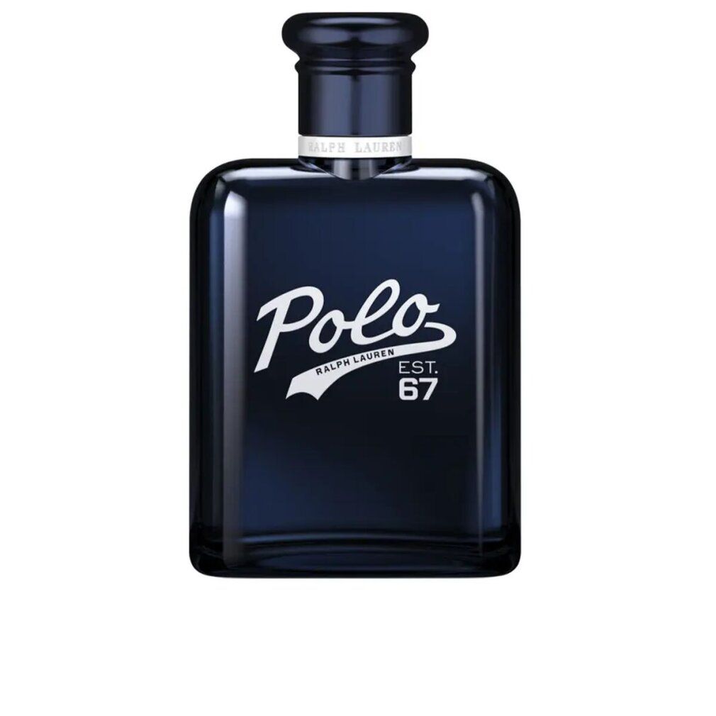 Flacone blu scuro con logo "Polo" bianco e "EST. 67". Flacone con tappo nero.