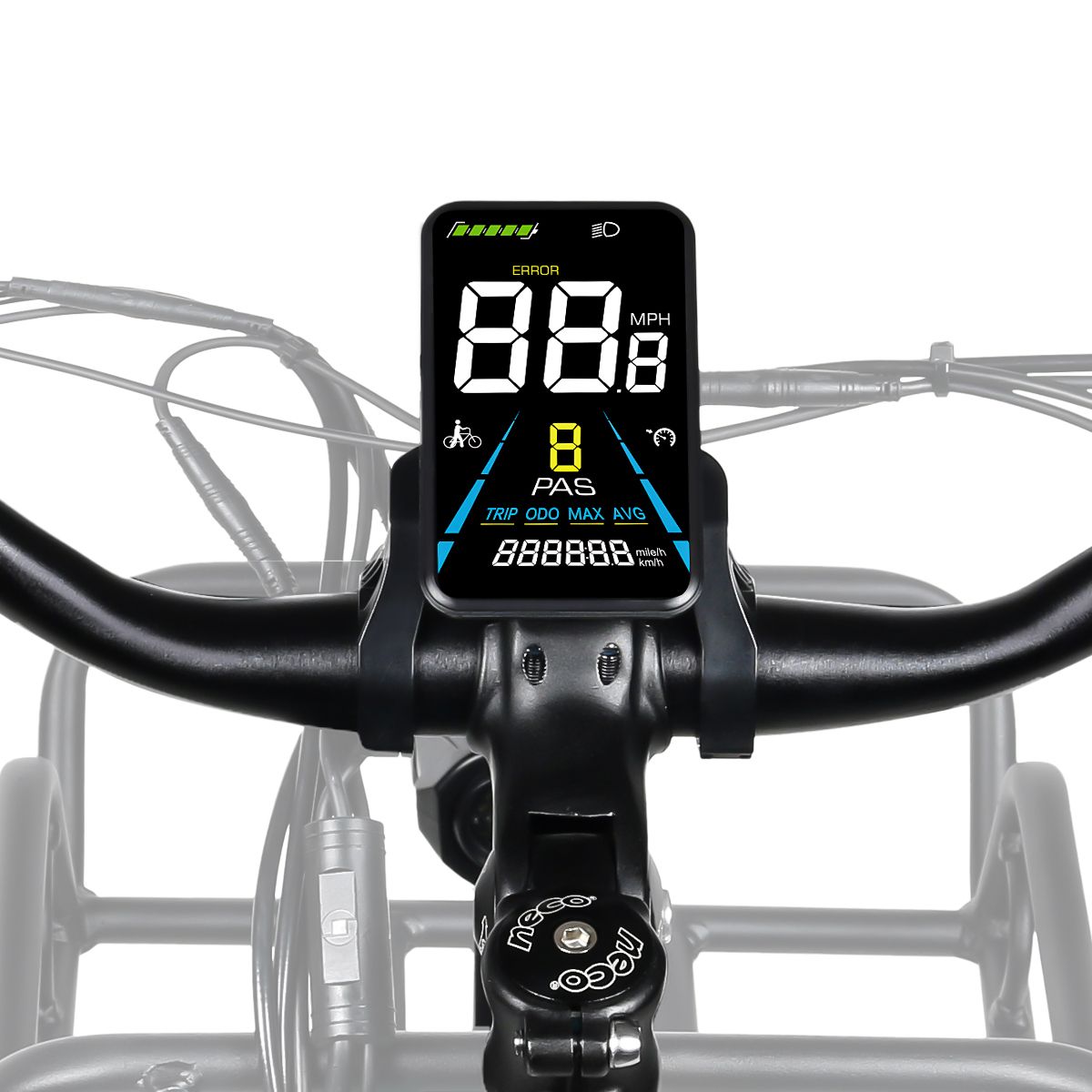 Computer di bordo con display digitale. Mostra velocità, livello batteria e altre informazioni. Manubrio nero.