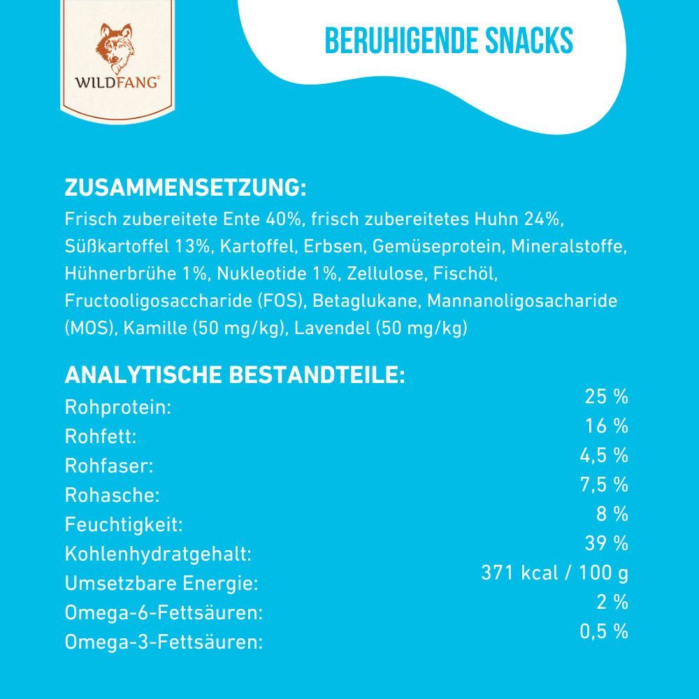 Composizione e componenti analitici degli snack per cani. Testo su sfondo bianco. Contiene proteine, grassi, fibre, ceneri, umidità.