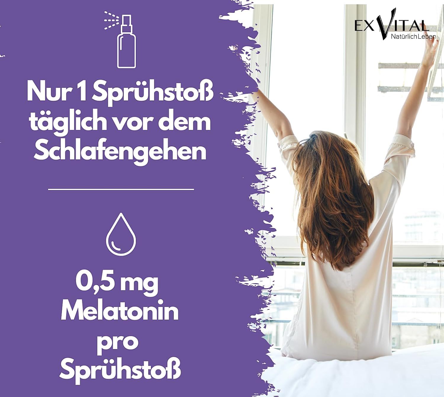 Persona che si allunga a letto. Testo: Solo 1 spruzzo al giorno prima di andare a dormire. 0,5 mg di melatonina per spruzzo. Logo.