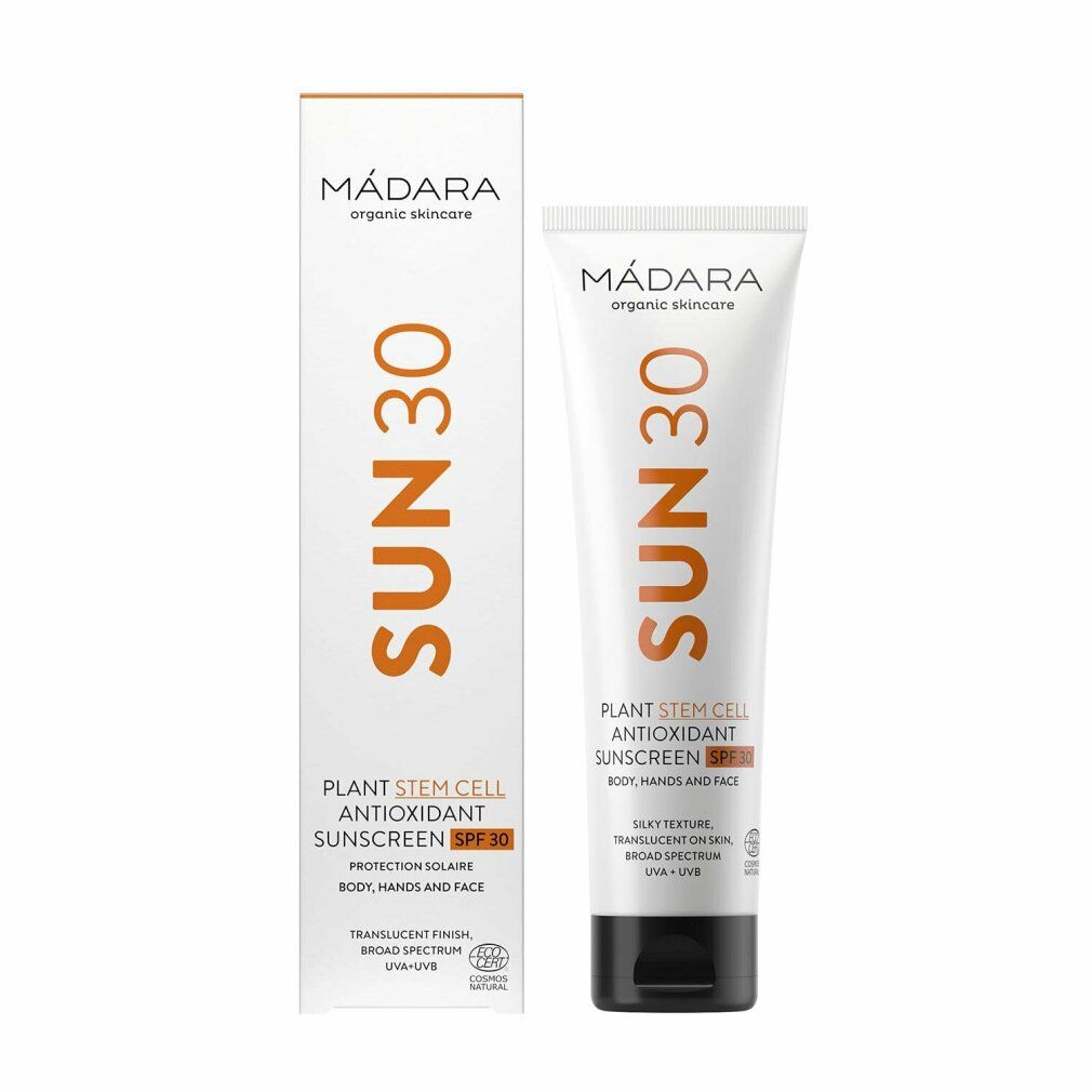 Tubo e scatola bianchi. Scritta SUN30 e Madara. Testo: Plant Stem Cell Antioxidant Sunscreen SPF30. Per corpo, mani e viso. Con certificazione.