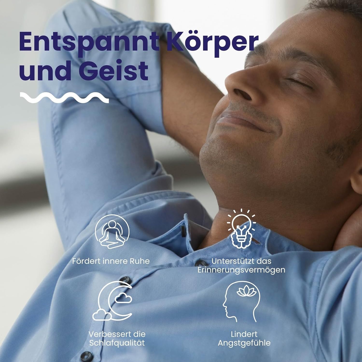 Uomo rilassato. Testo: Promuove la pace interiore, migliora la qualità del sonno. Capsule Vizmo L-Teanina.