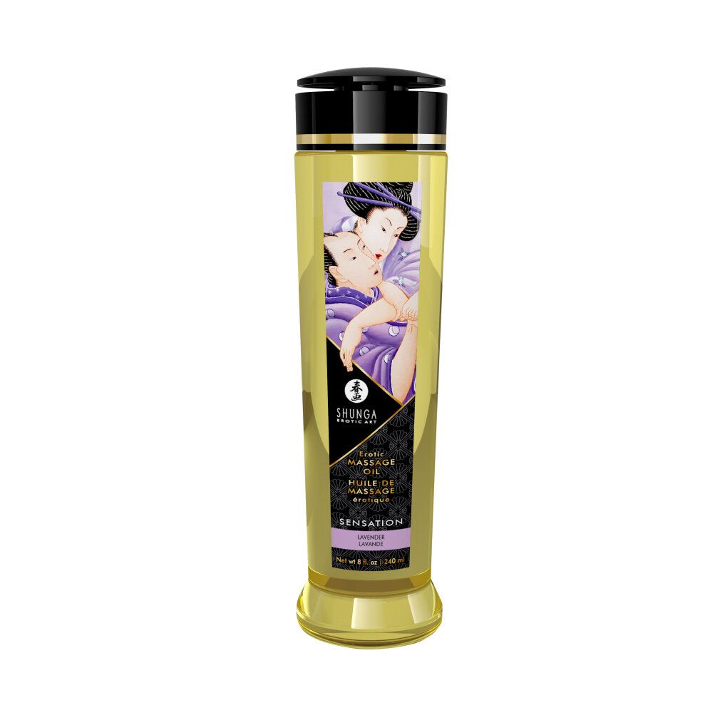 Flacone cilindrico di olio per massaggi. Stampa con illustrazione e testo. Tappo nero. Base dorata.