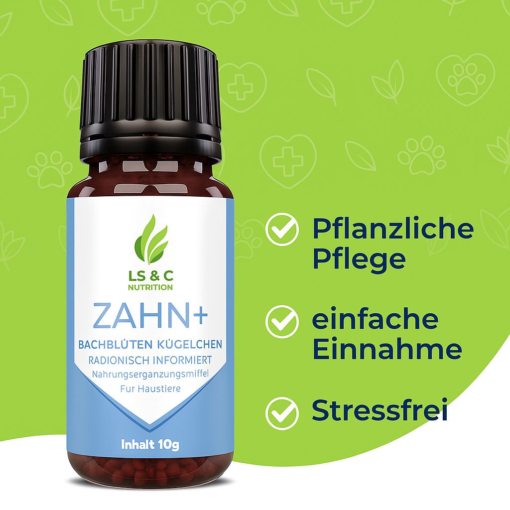 Flacone "ZAHN+" con etichetta. A destra, icone verdi: segno di spunta, foglia, zampa. Testo: "Cura vegetale", "assunzione facile", "senza stress".