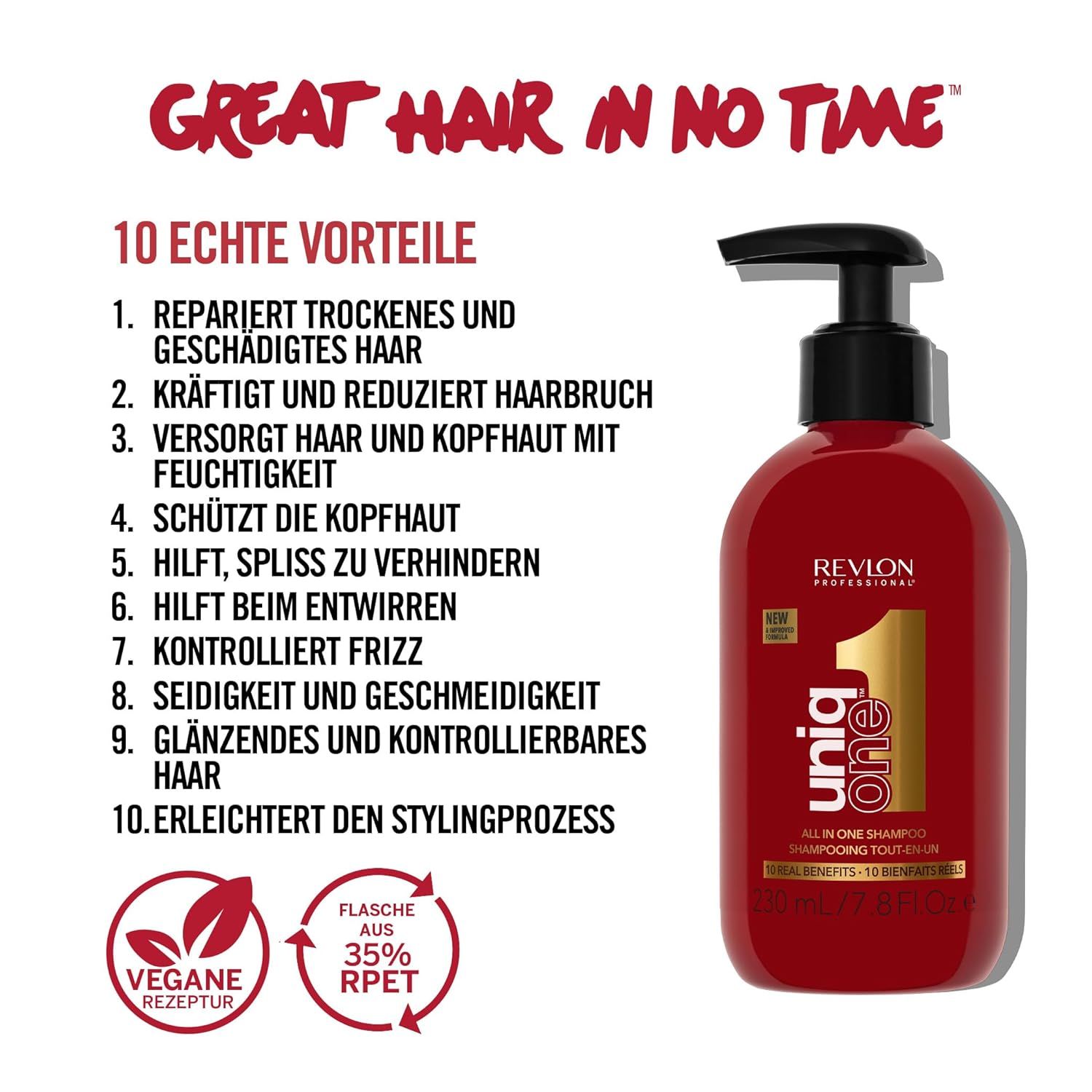 Flacone rosso Revlon UniqOne Shampoo. Pompa nera. Scritta dorata. Testo: 10 benefici, vegano, 35% RPET.